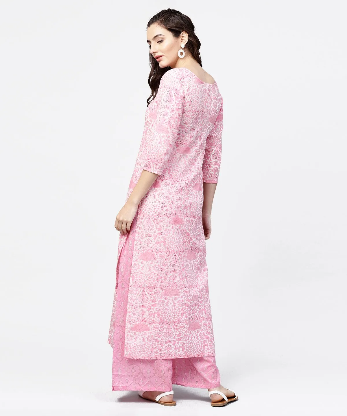 Pink Printed 3/4Th Sleeve Straight Kurta With Printed Palazzo Set