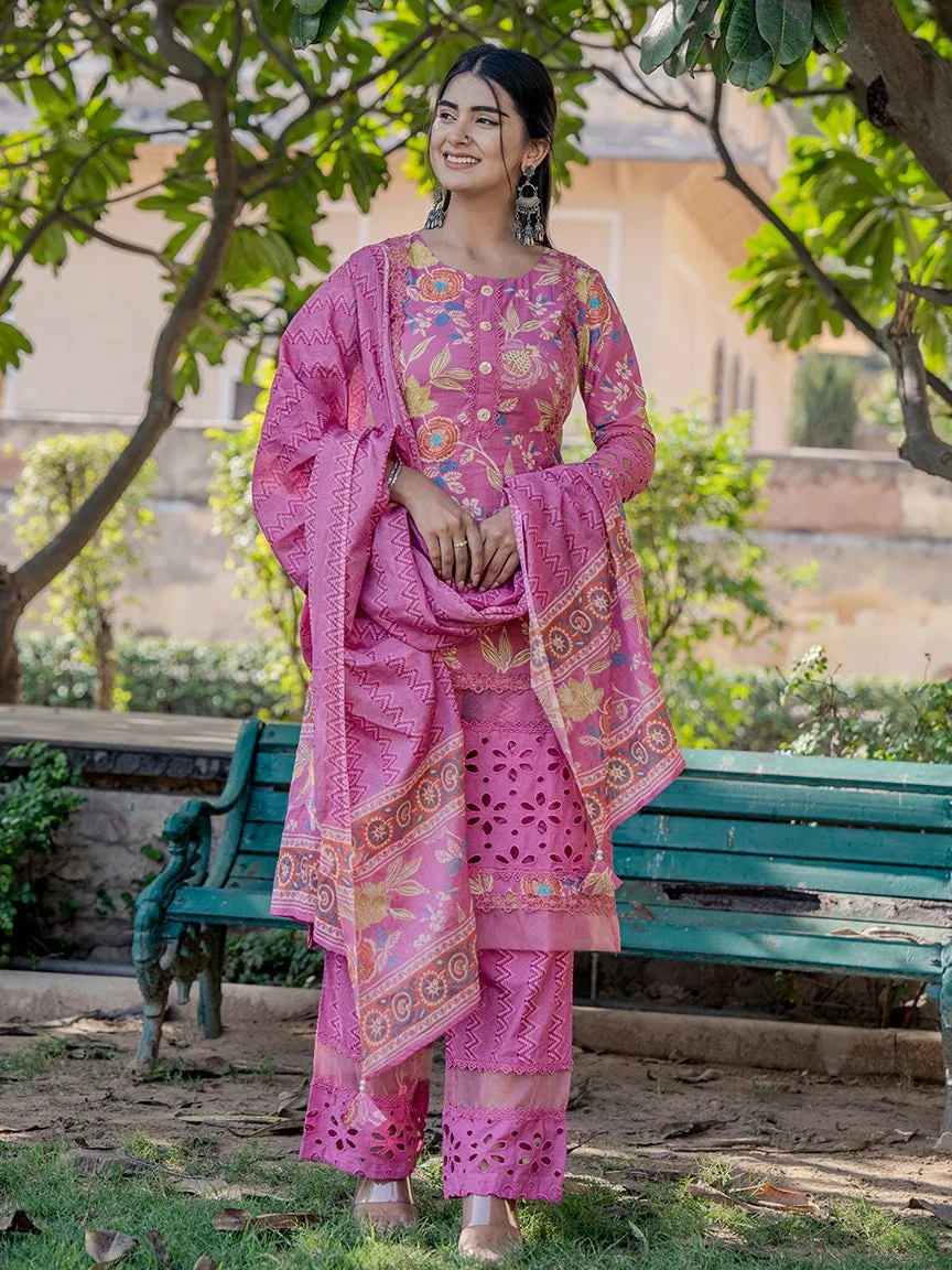 Pink Printed Kurta Pant Dupatta Set
