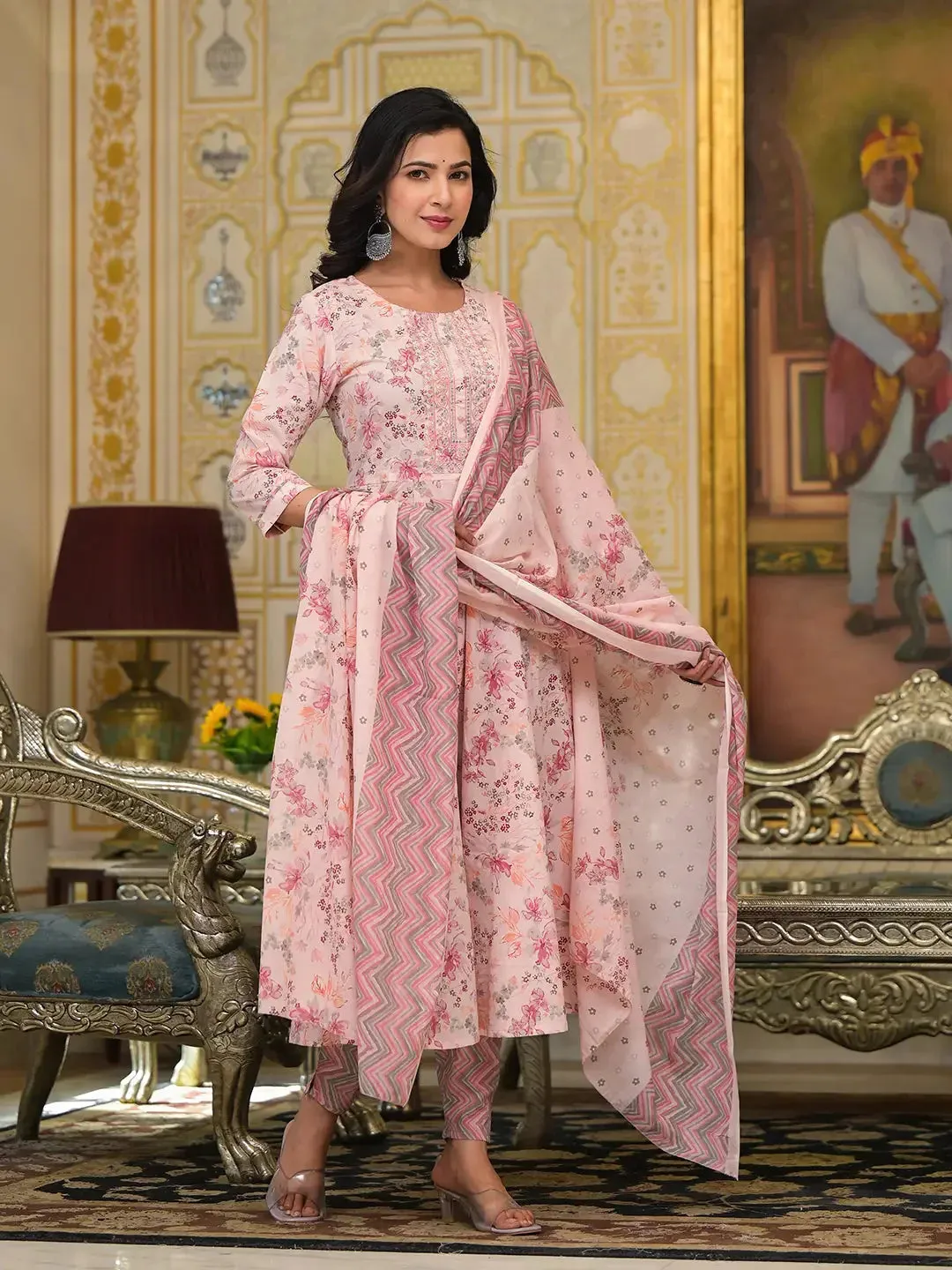 Pink Sequins_Work Anarkali Kurta Trouser And Dupatta Set