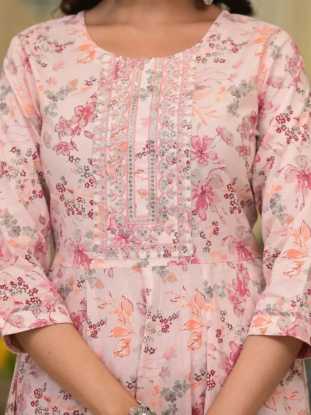 Pink Sequins_Work Anarkali Kurta Trouser And Dupatta Set