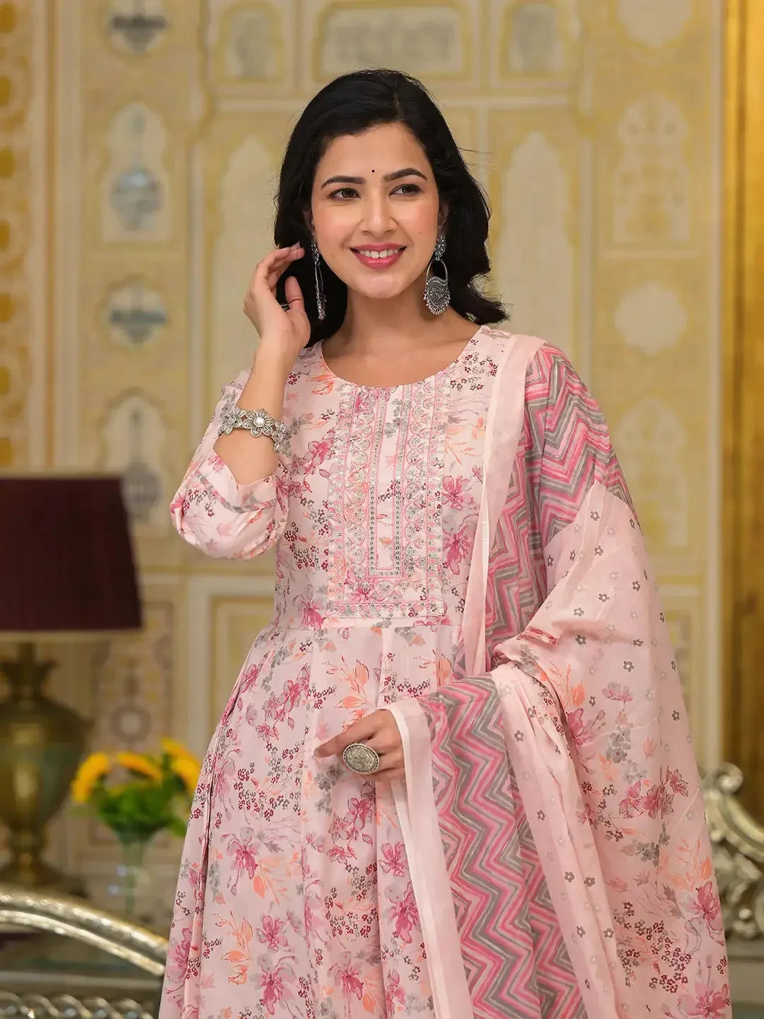 Pink Sequins_Work Anarkali Kurta Trouser And Dupatta Set