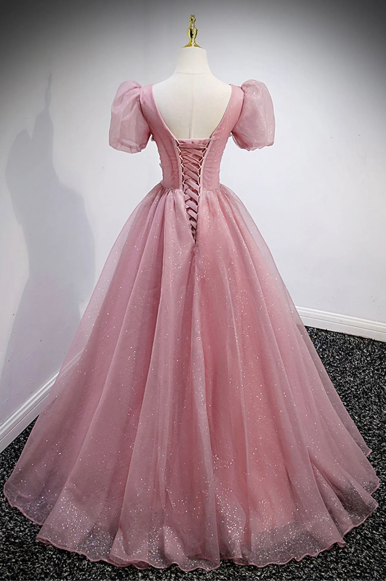 Pink V-Neck Tulle Long Prom Dresses A-Line Evening Party Dresses