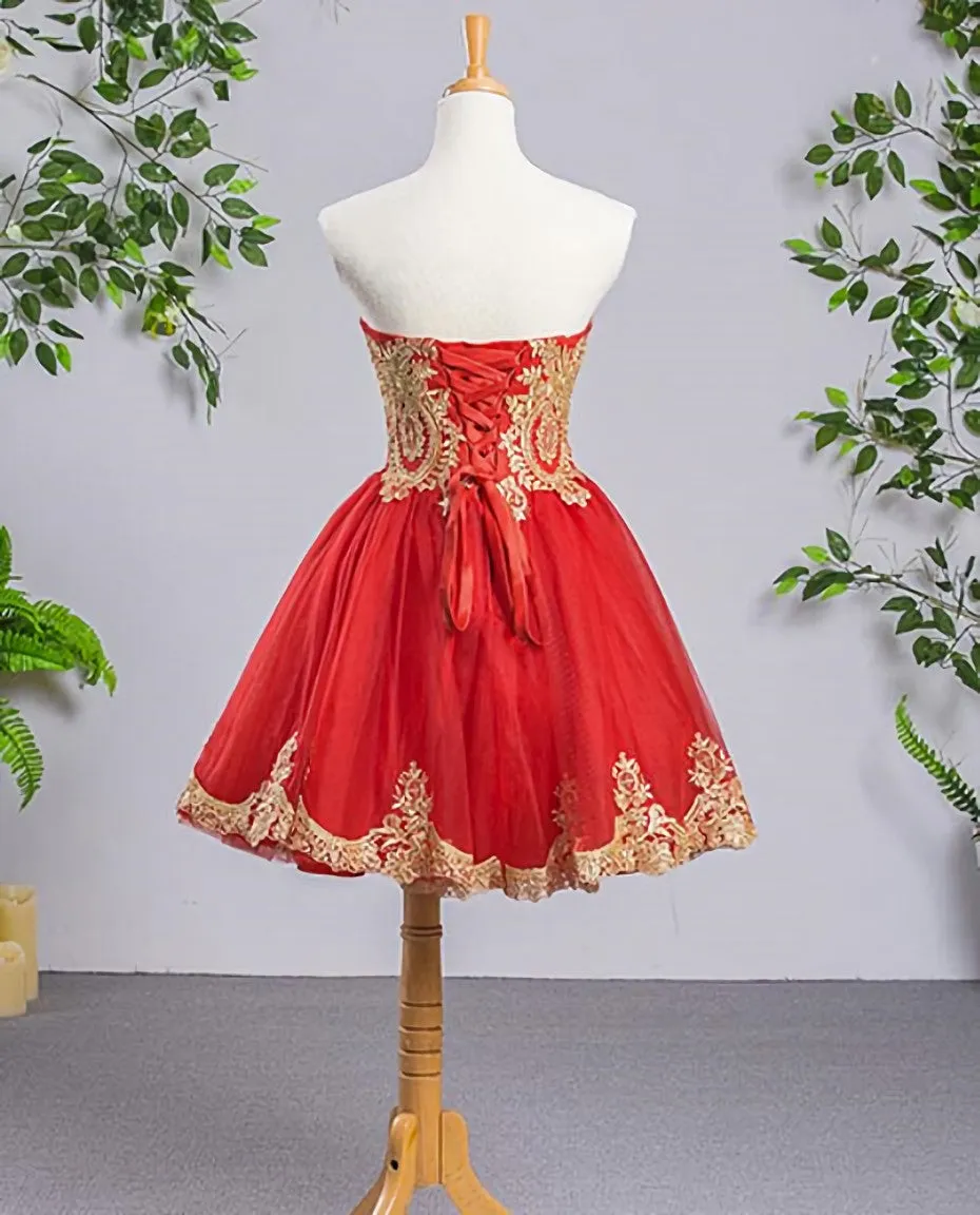 Red Sweetheart Tulle Short Homecoming Dress with Gold Applique Short Formal Dresses