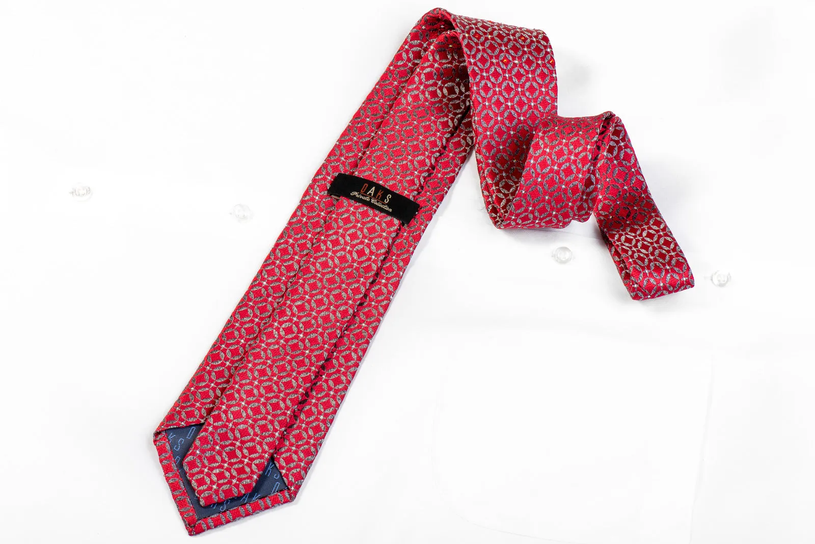 Rhinestone Necktie Silver Geometric On Burgundy Silk