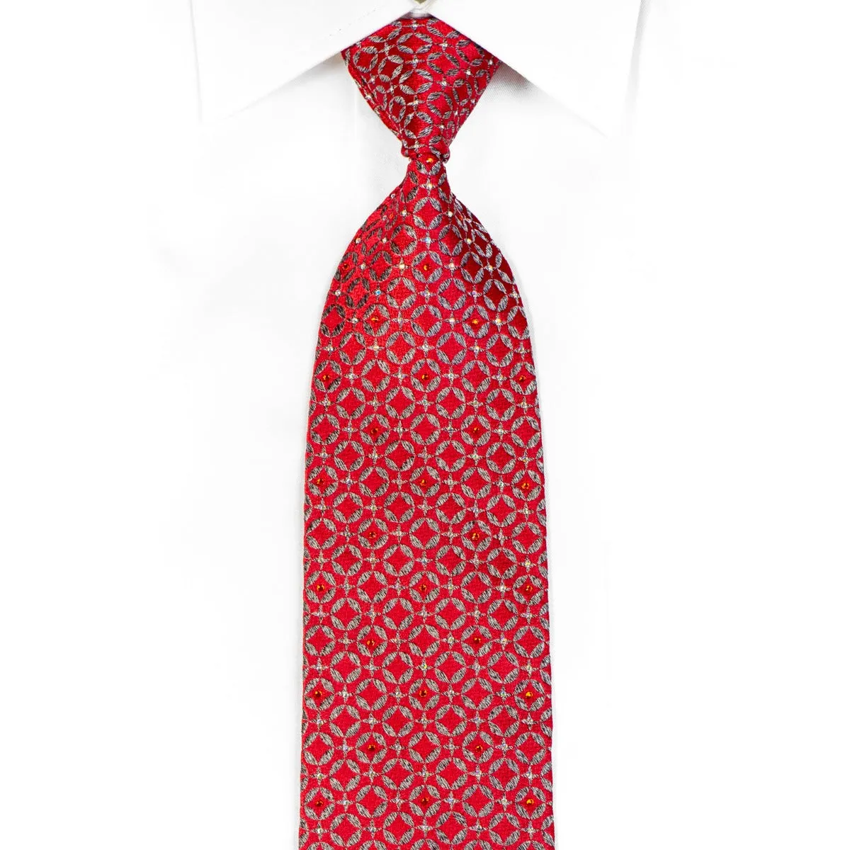 Rhinestone Necktie Silver Geometric On Burgundy Silk
