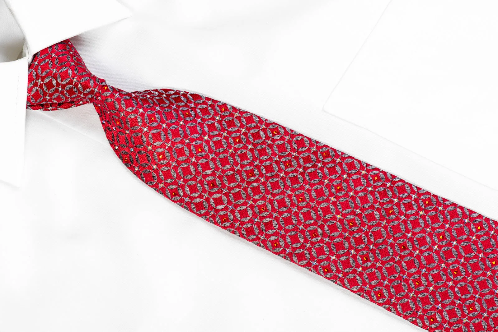 Rhinestone Necktie Silver Geometric On Burgundy Silk