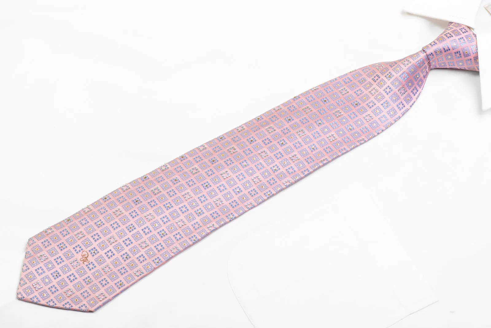 Rhinestone Silk Necktie Mauve Squares On Pink With Sparkles