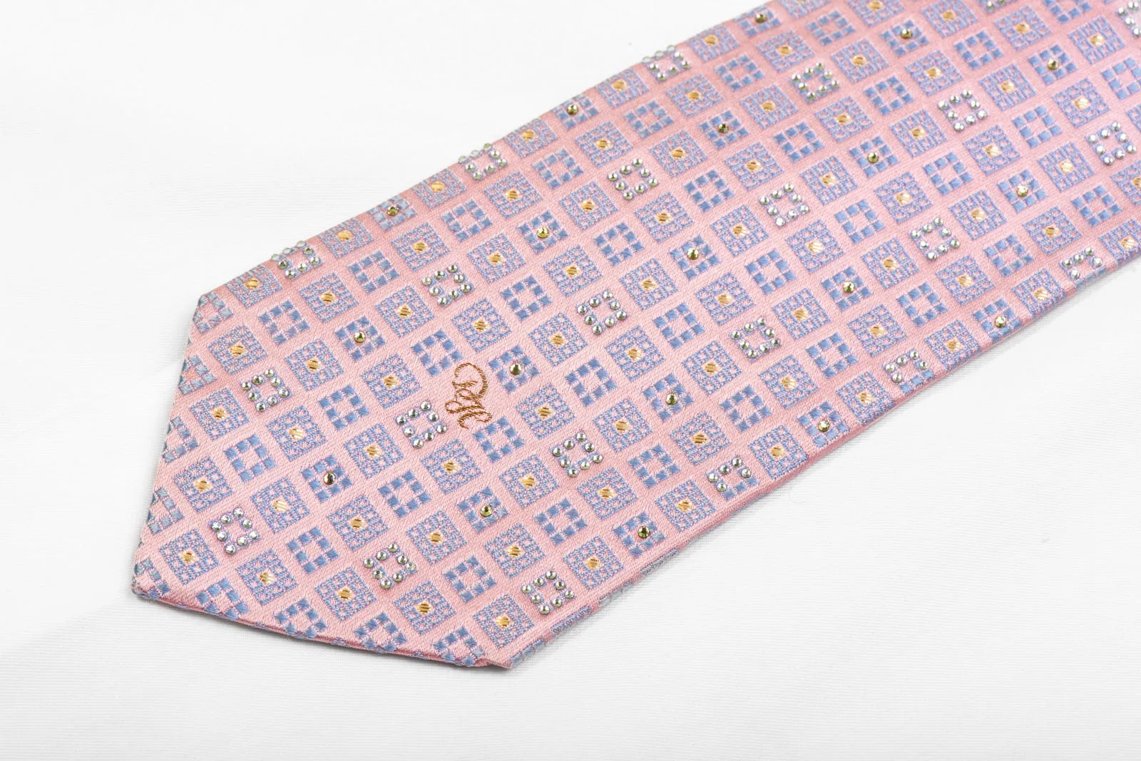 Rhinestone Silk Necktie Mauve Squares On Pink With Sparkles