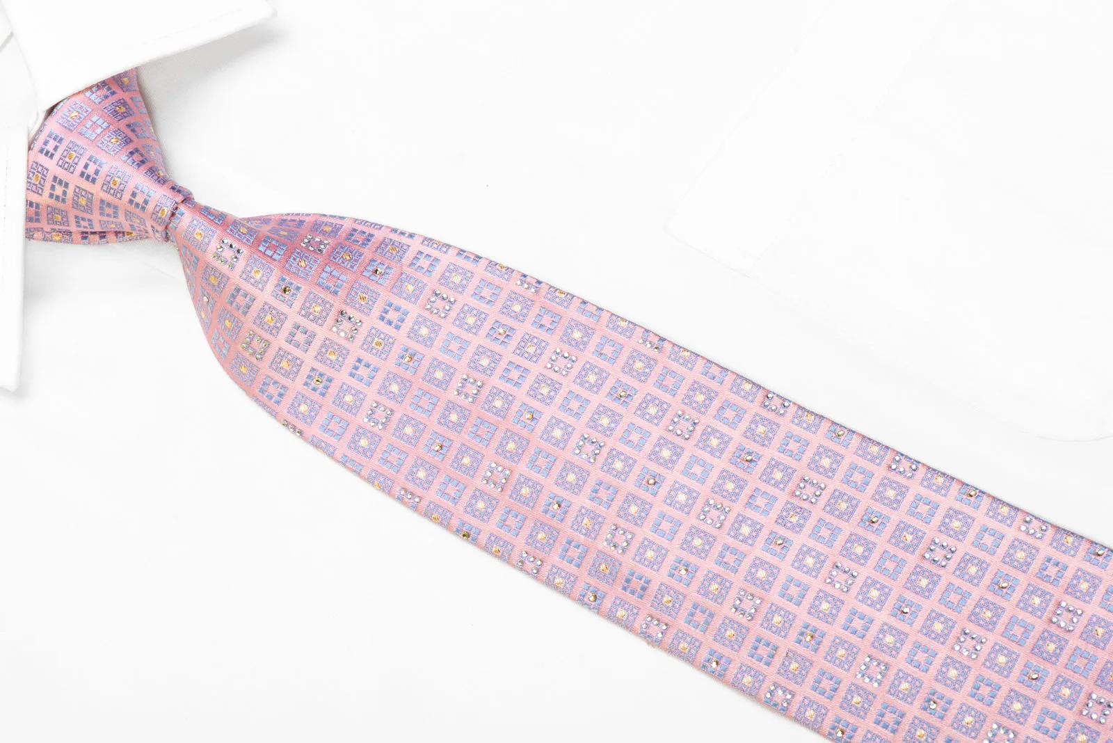 Rhinestone Silk Necktie Mauve Squares On Pink With Sparkles