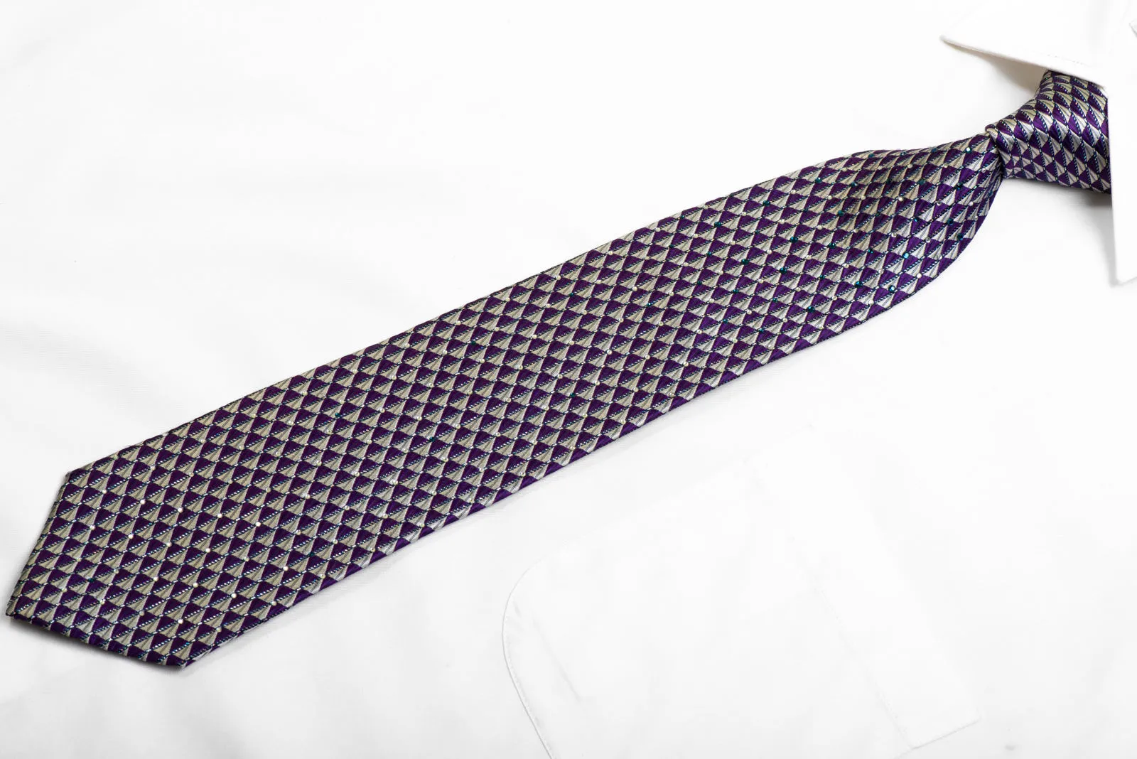 Rogatis Silk Necktie Silver Purple Geometric With Rhinestones & Silver Sparkles