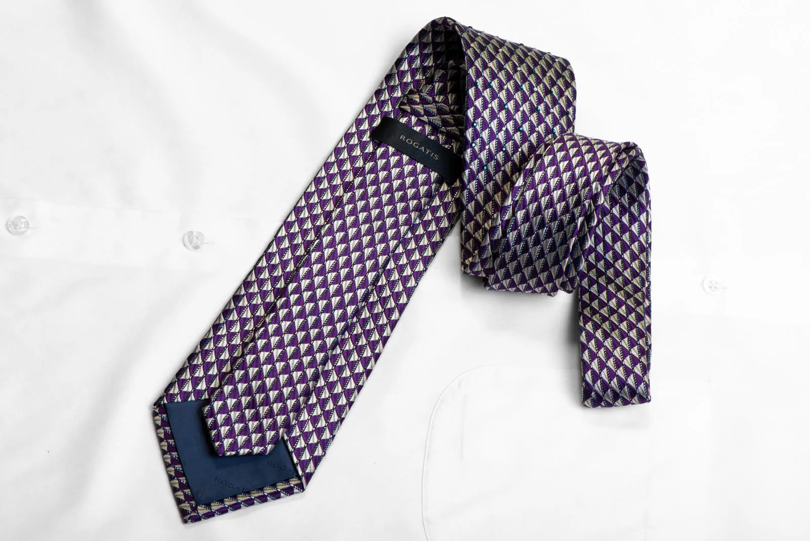 Rogatis Silk Necktie Silver Purple Geometric With Rhinestones & Silver Sparkles