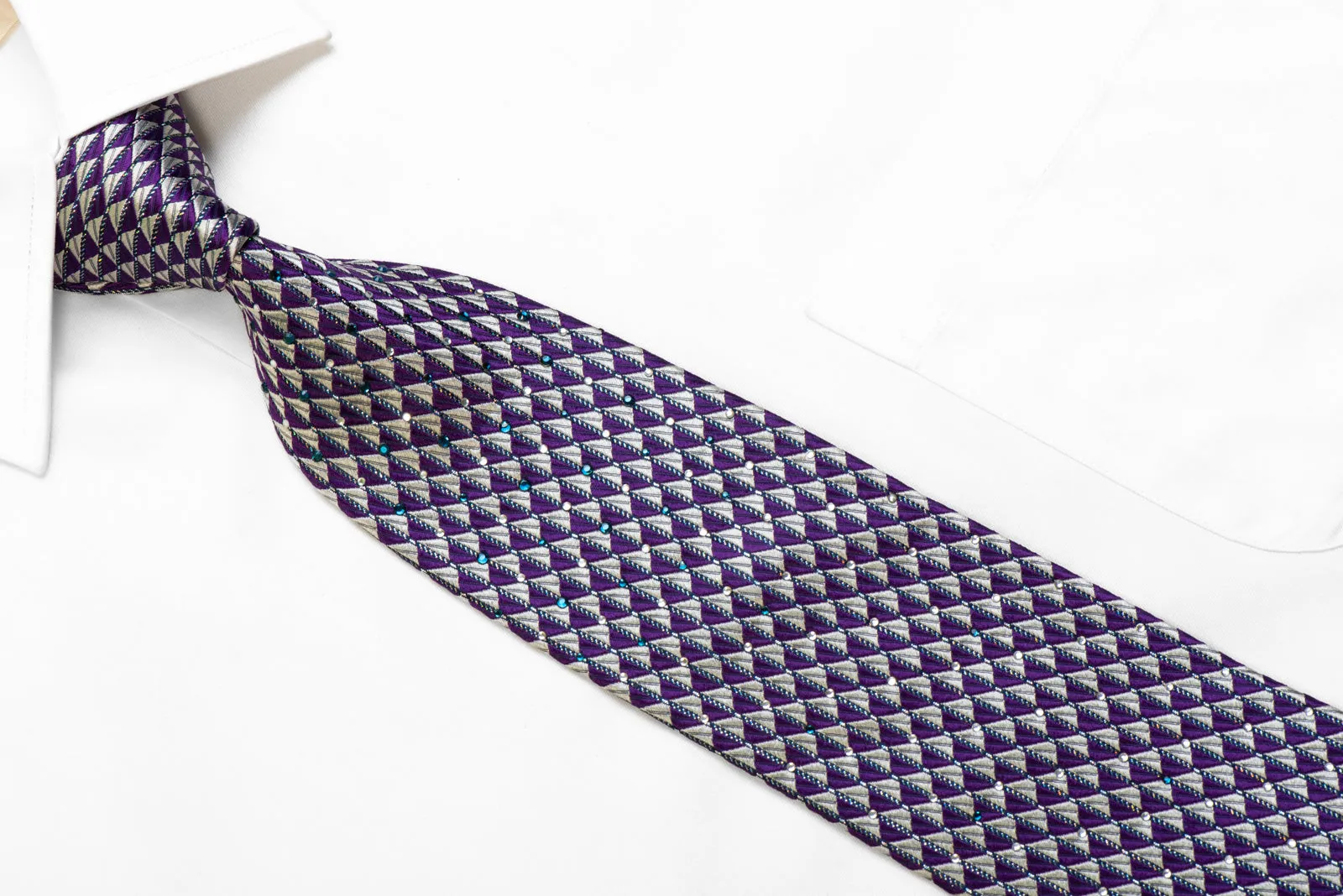 Rogatis Silk Necktie Silver Purple Geometric With Rhinestones & Silver Sparkles