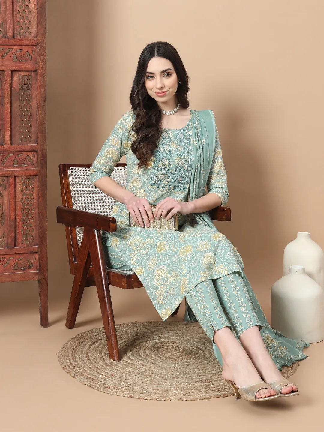Sea Green Printed Cotton Kurta Dupatta Set