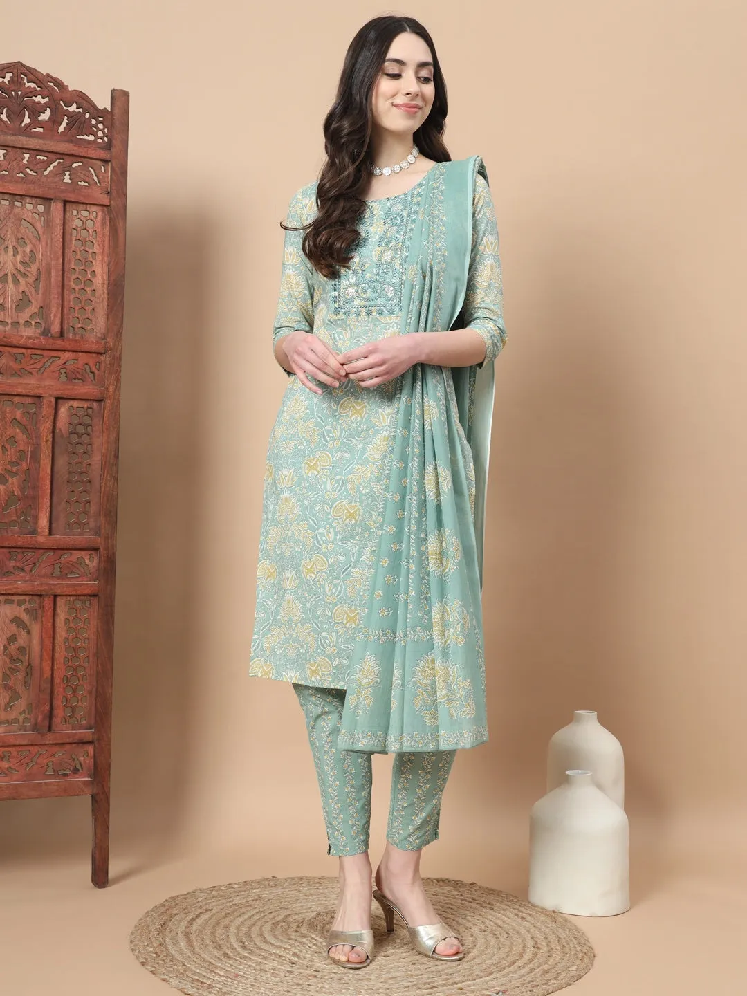 Sea Green Printed Cotton Kurta Dupatta Set