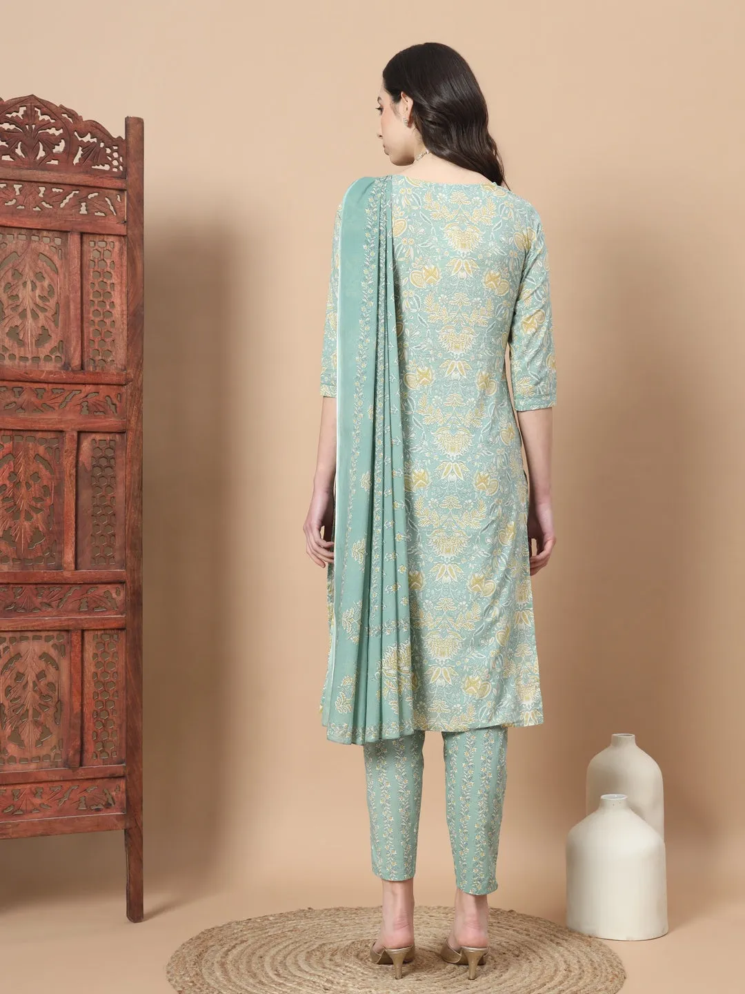 Sea Green Printed Cotton Kurta Dupatta Set