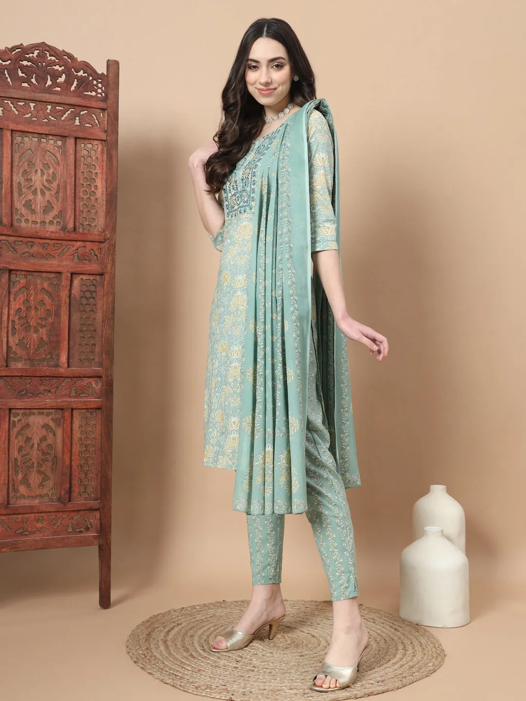 Sea Green Printed Cotton Kurta Dupatta Set
