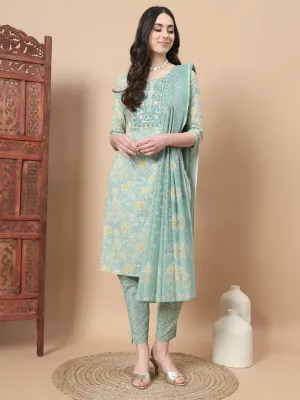 Sea Green Printed Cotton Kurta Dupatta Set