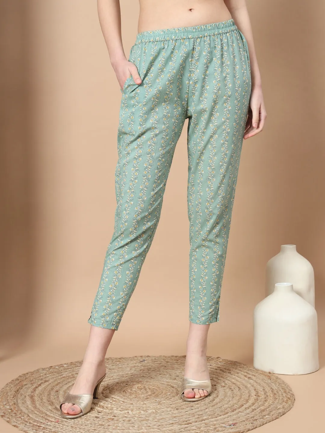 Sea Green Printed Cotton Kurta Dupatta Set