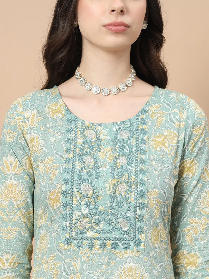 Sea Green Printed Cotton Kurta Dupatta Set
