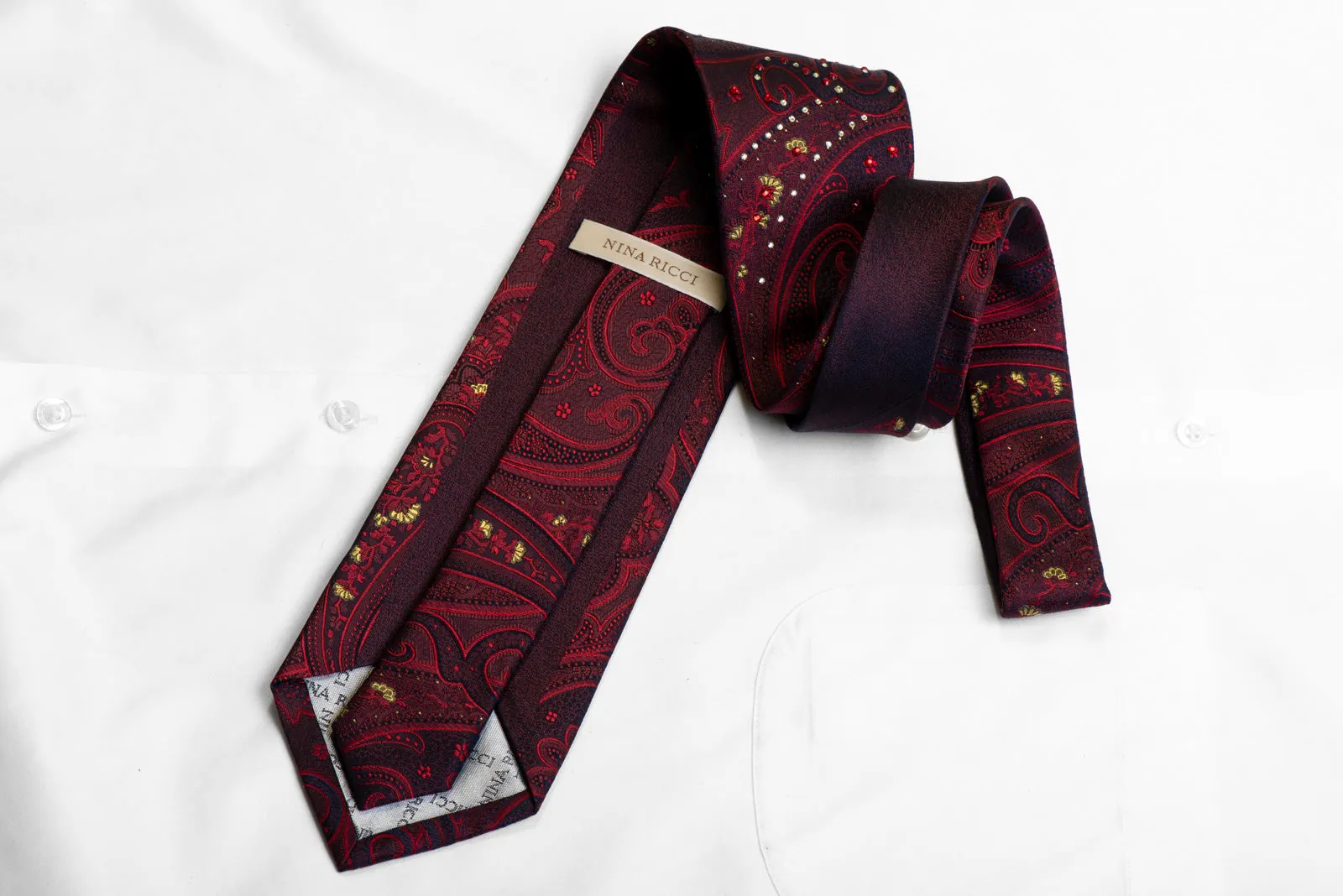 Silk Necktie Burgundy Red Paisley On Blue With Rhinestones & Sparkles