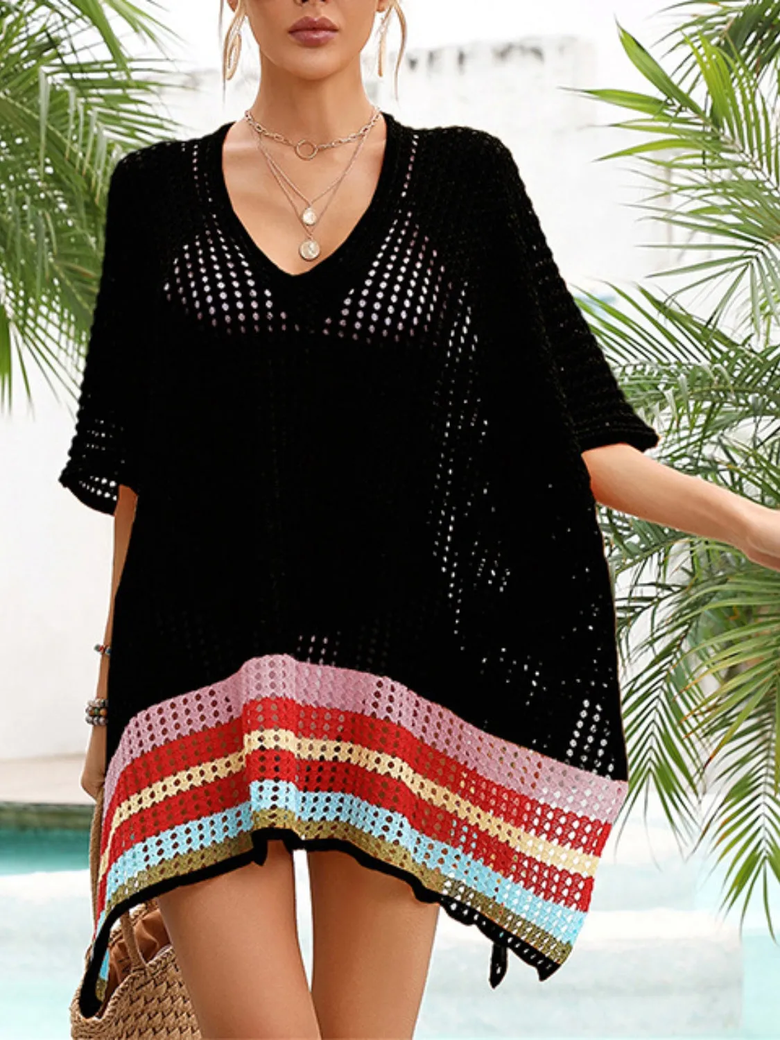 TEEK - Slit Mesh V-Neck Half Sleeve Cover-Up