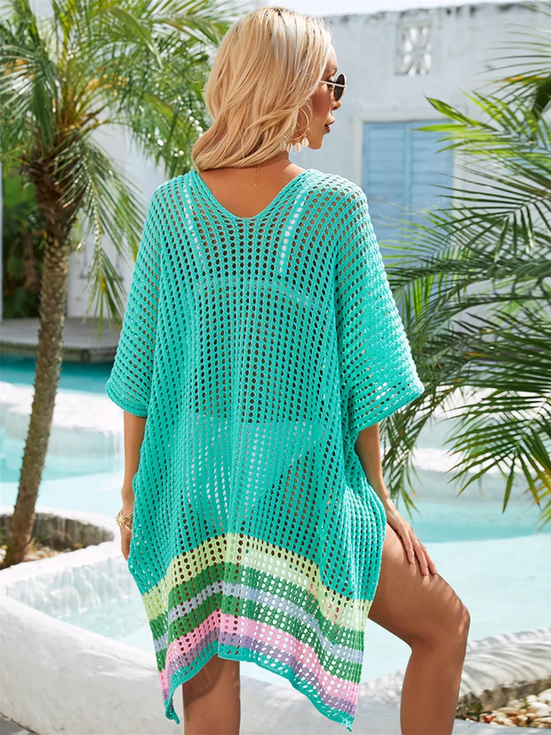 TEEK - Slit Mesh V-Neck Half Sleeve Cover-Up