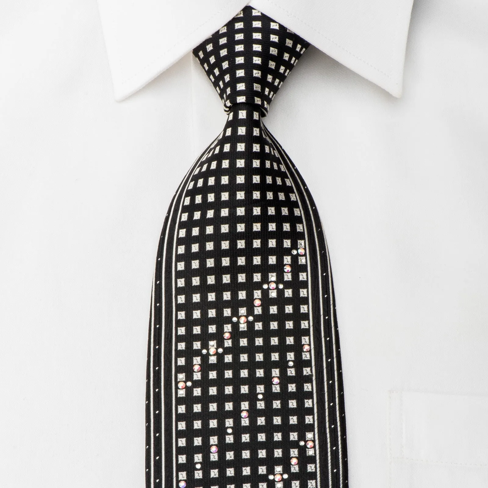 TLS Black Rhinestone Tie Silver Squares On Black With Sparkles