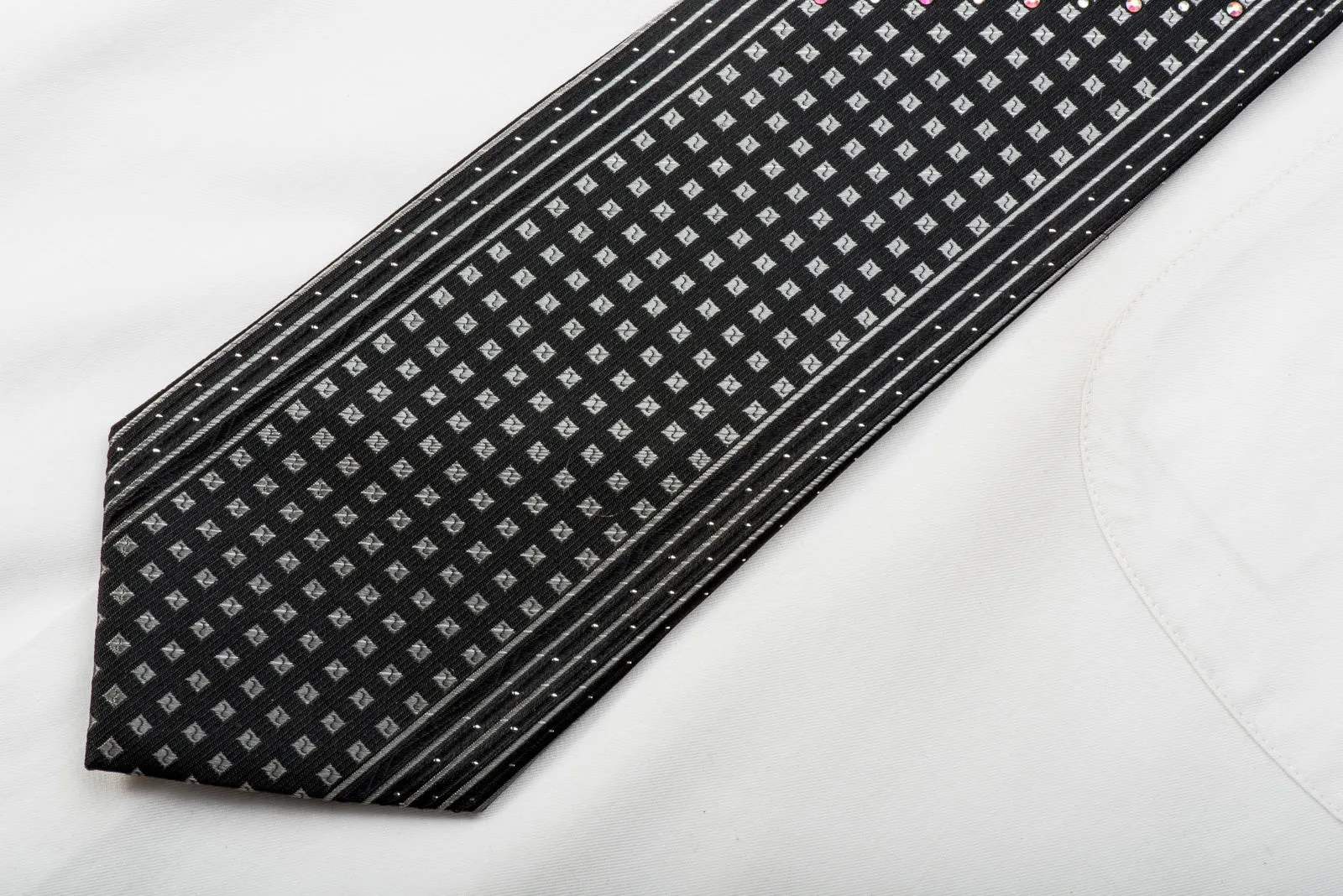 TLS Black Rhinestone Tie Silver Squares On Black With Sparkles
