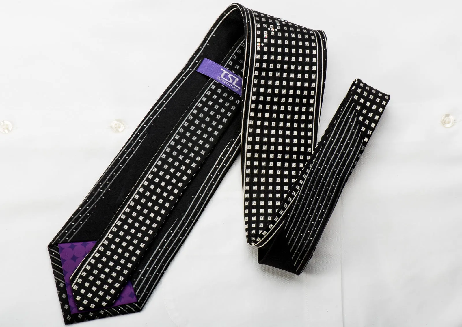 TLS Black Rhinestone Tie Silver Squares On Black With Sparkles