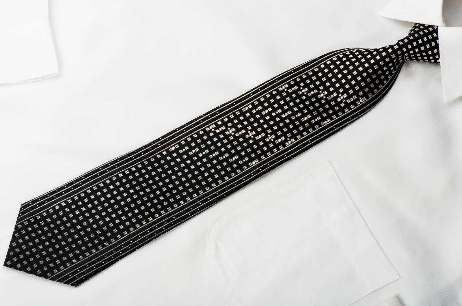 TLS Black Rhinestone Tie Silver Squares On Black With Sparkles