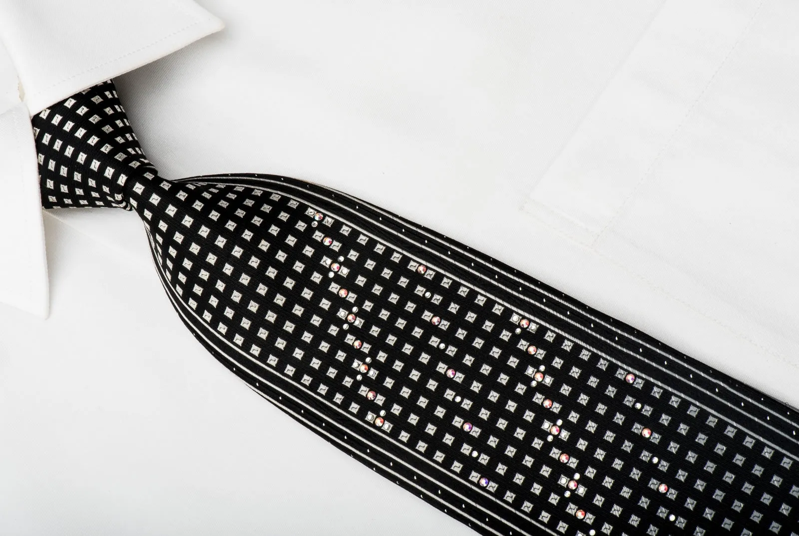 TLS Black Rhinestone Tie Silver Squares On Black With Sparkles