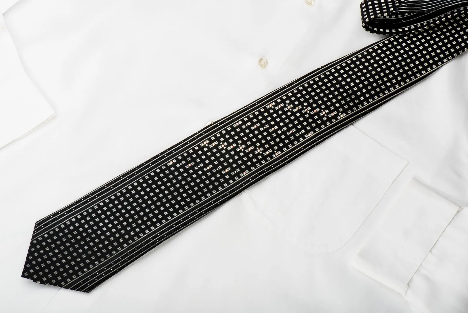 TLS Black Rhinestone Tie Silver Squares On Black With Sparkles