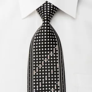 TLS Black Rhinestone Tie Silver Squares On Black With Sparkles