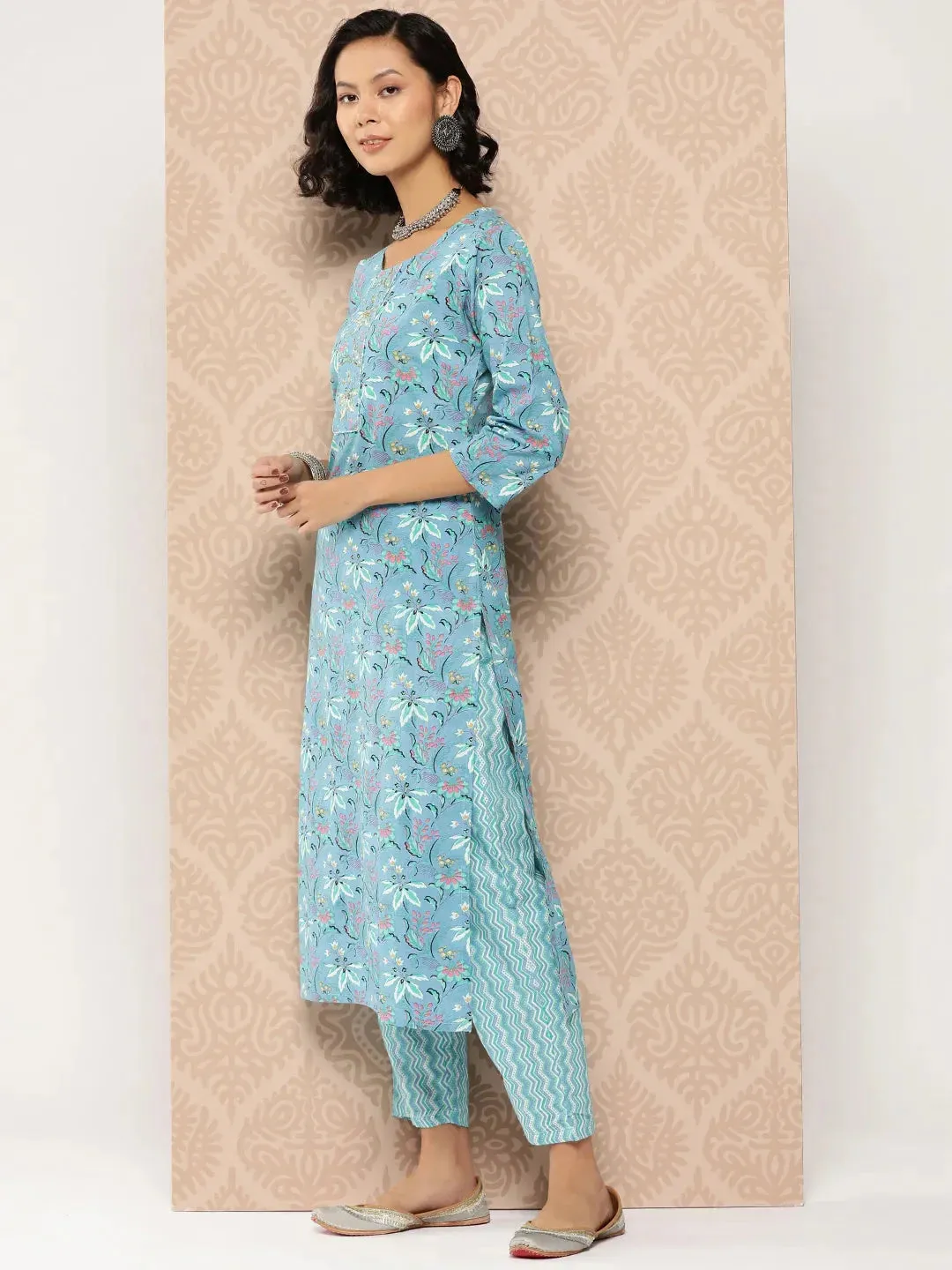Turquoise Blue Floral Printed A-Line Shape Cotton Kurta Dupatta Set