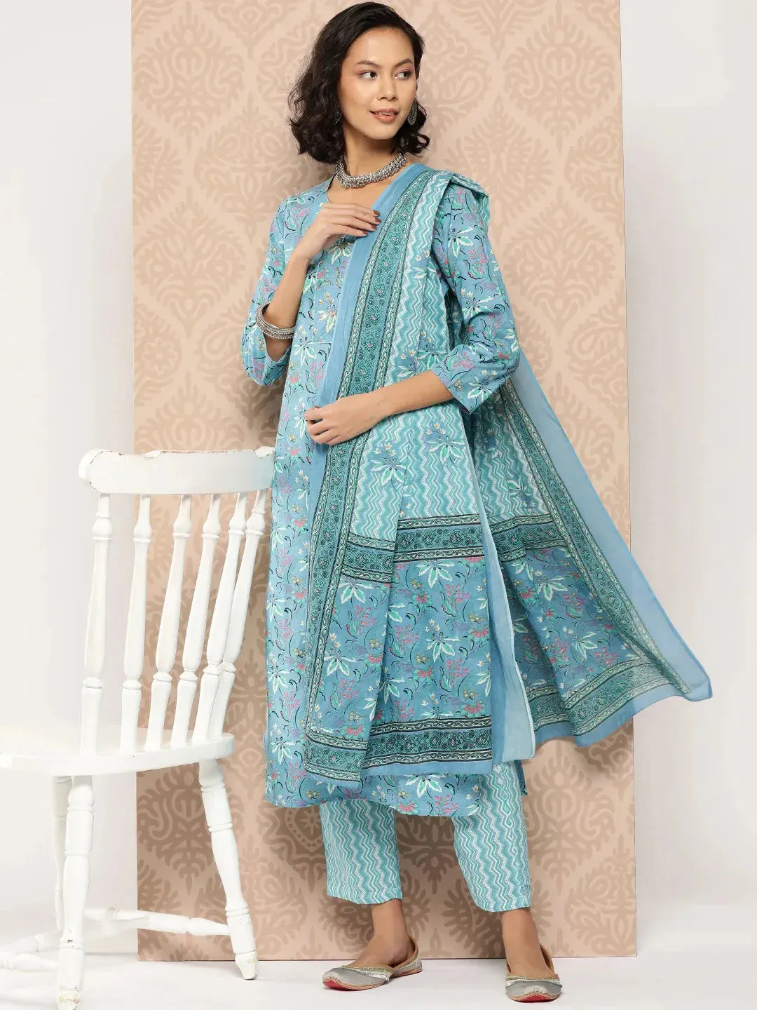 Turquoise Blue Floral Printed A-Line Shape Cotton Kurta Dupatta Set