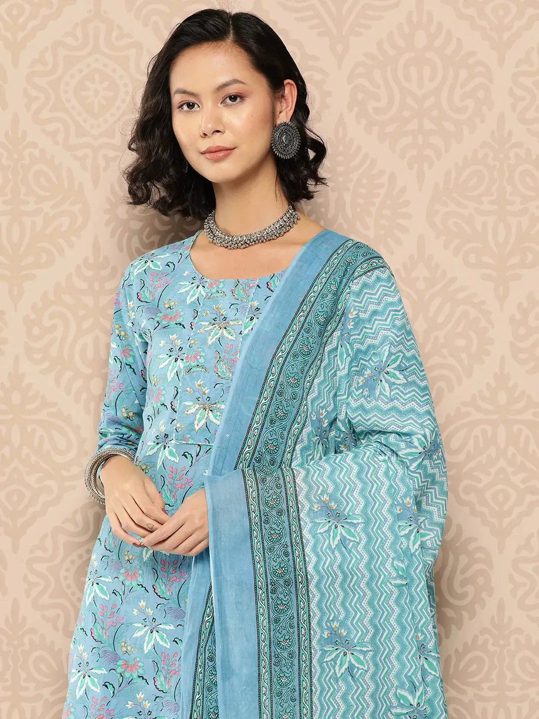Turquoise Blue Floral Printed A-Line Shape Cotton Kurta Dupatta Set