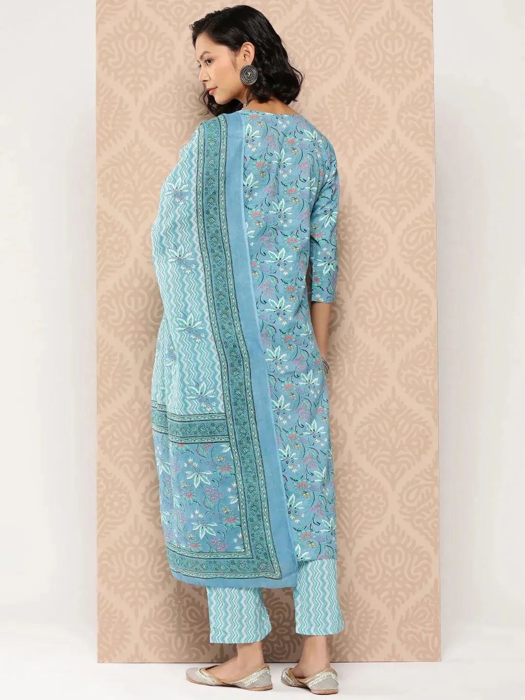 Turquoise Blue Floral Printed A-Line Shape Cotton Kurta Dupatta Set