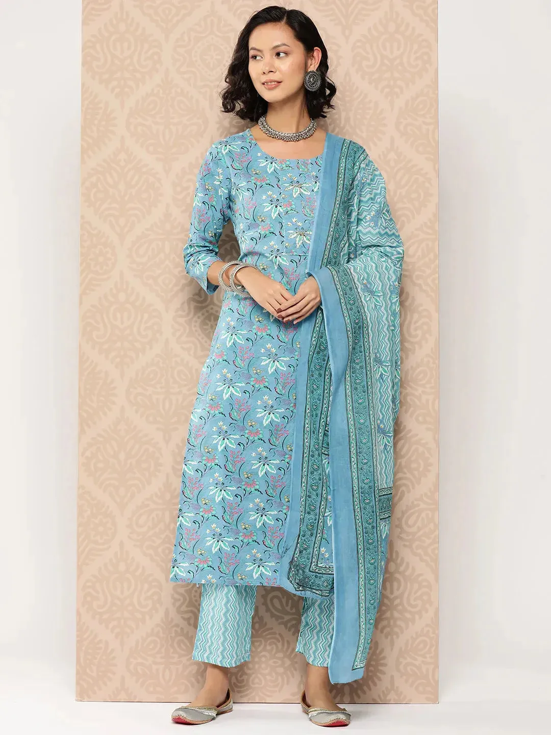 Turquoise Blue Floral Printed A-Line Shape Cotton Kurta Dupatta Set