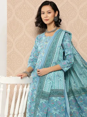 Turquoise Blue Floral Printed A-Line Shape Cotton Kurta Dupatta Set