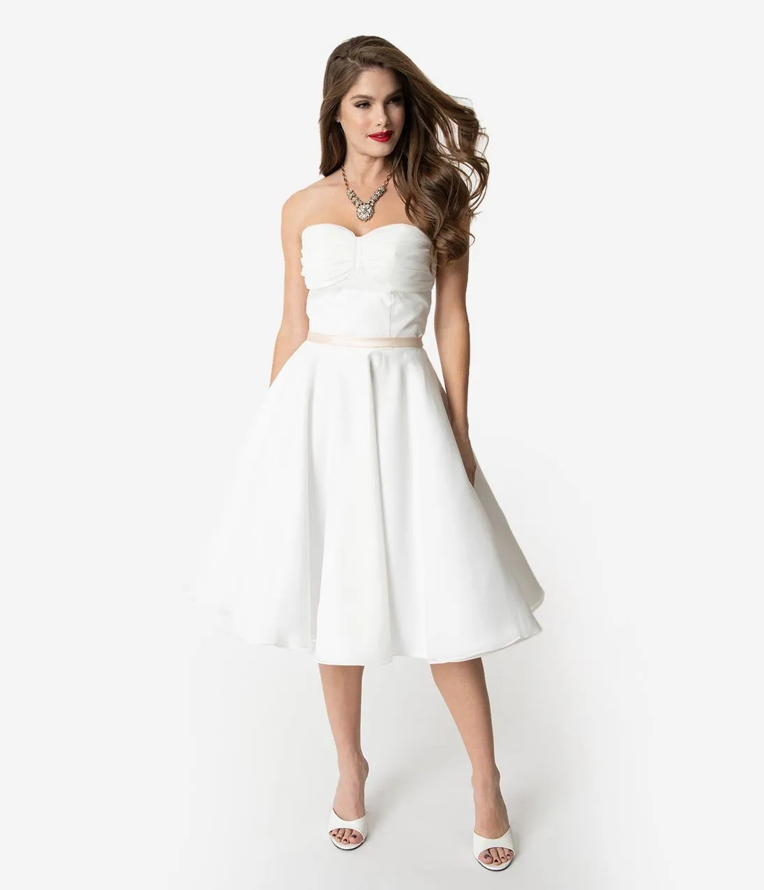 Unique Vintage x Dolly Couture White Strapless Maryville Tea Length Wedding Dress