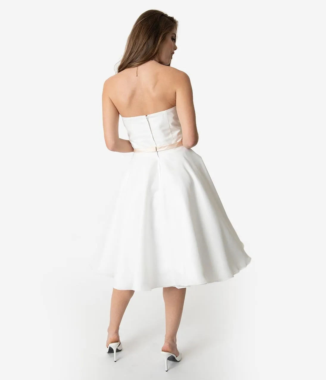 Unique Vintage x Dolly Couture White Strapless Maryville Tea Length Wedding Dress