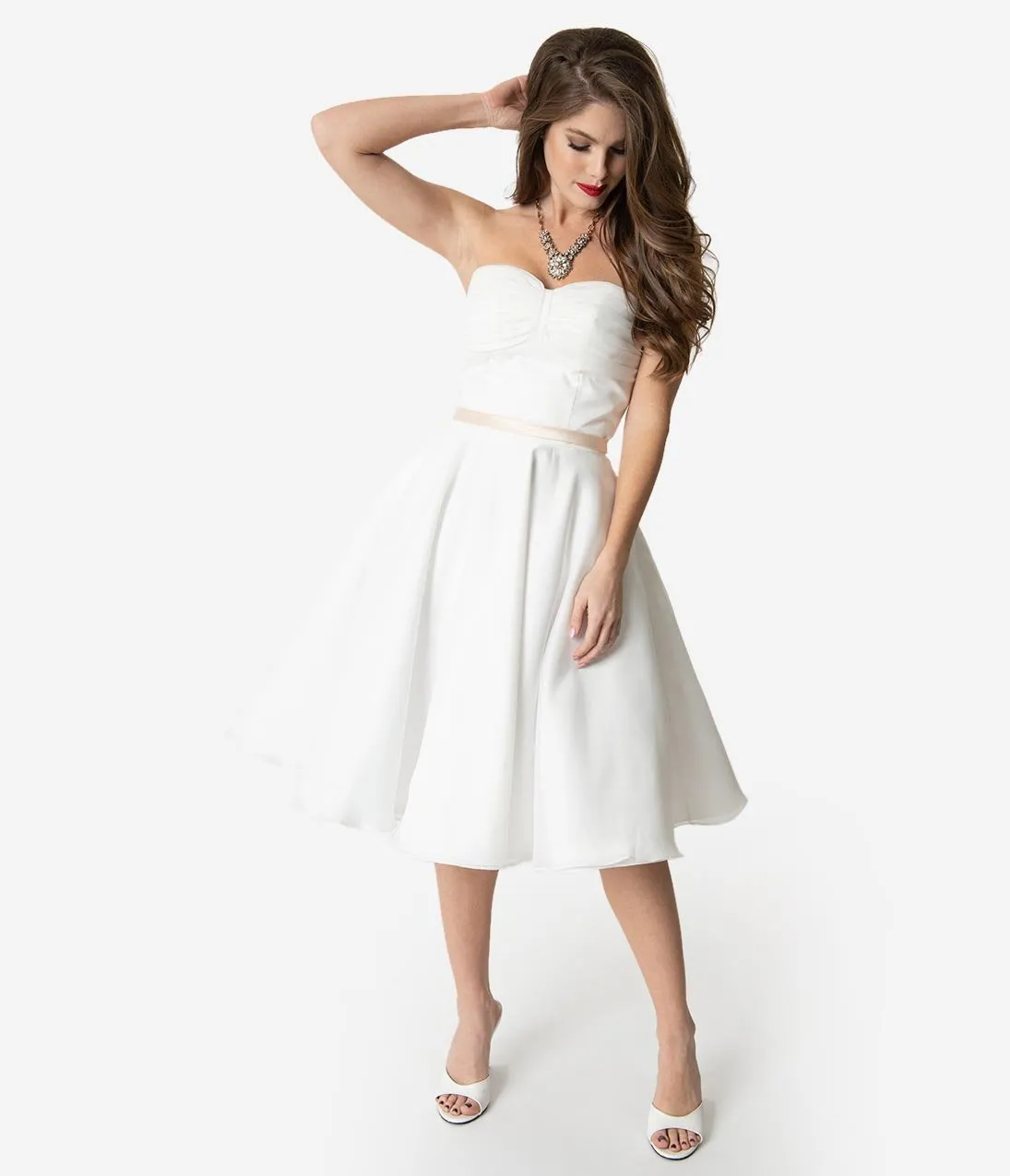 Unique Vintage x Dolly Couture White Strapless Maryville Tea Length Wedding Dress
