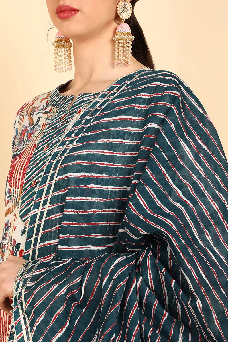 White Pure Cotton Straight Kurta Pant with Dupatta Set
