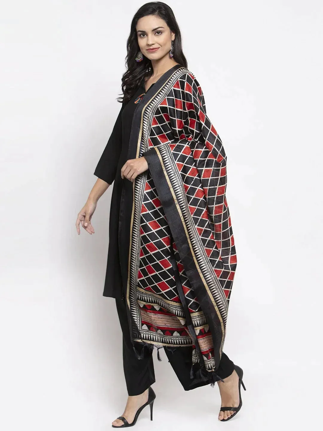 Women Black & Red Solid Kurta With Palazzos & Dupatta