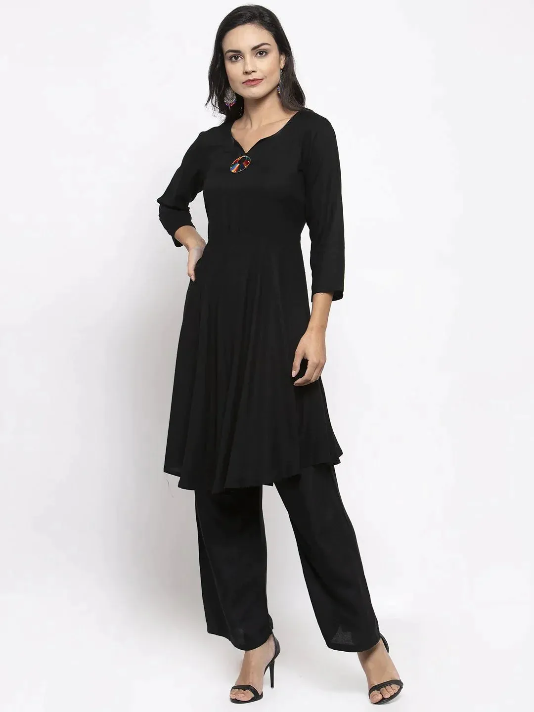 Women Black & Red Solid Kurta With Palazzos & Dupatta