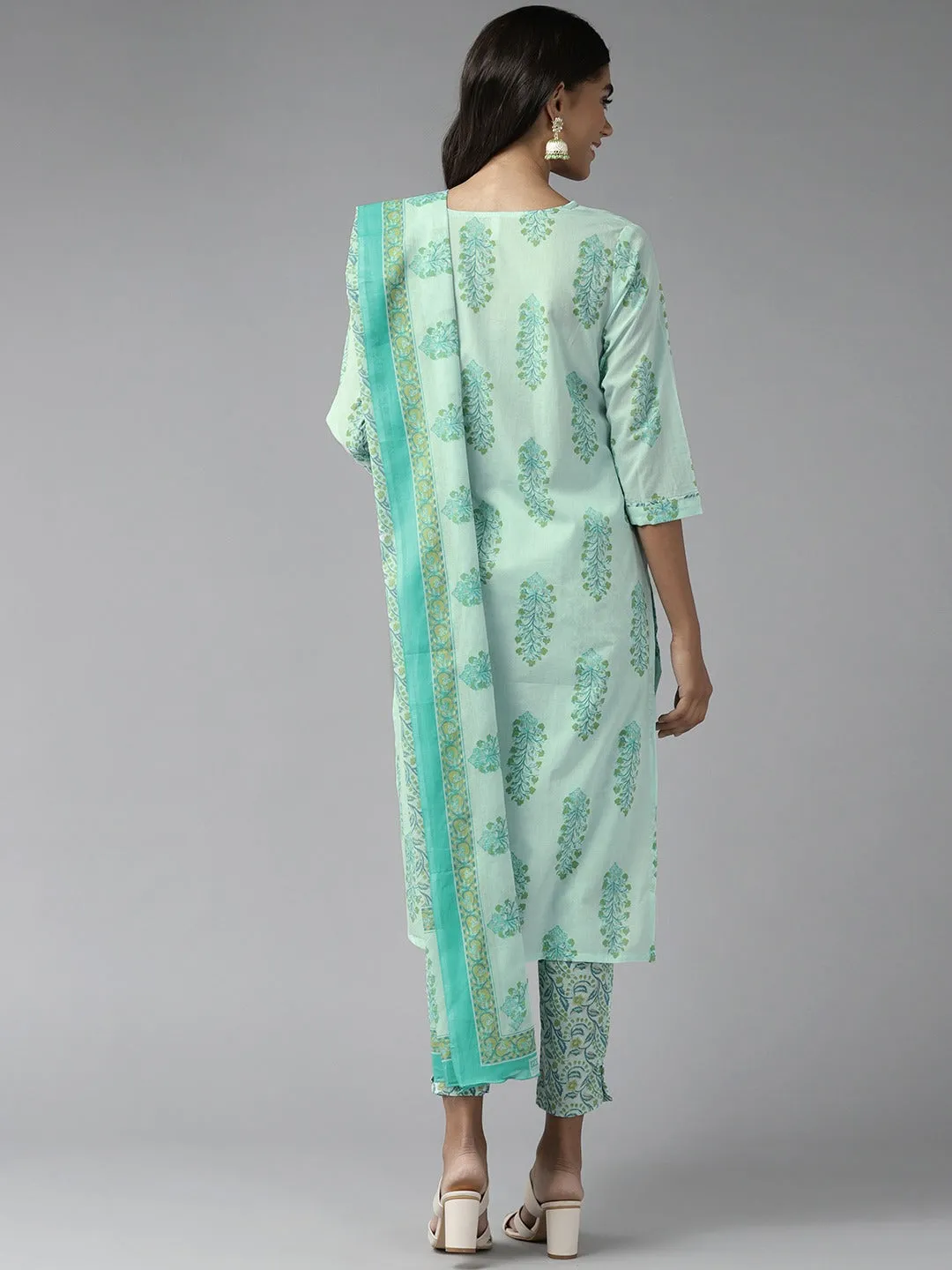 Women Green Printed Cotton Kurta With Pant And Dupatta Set