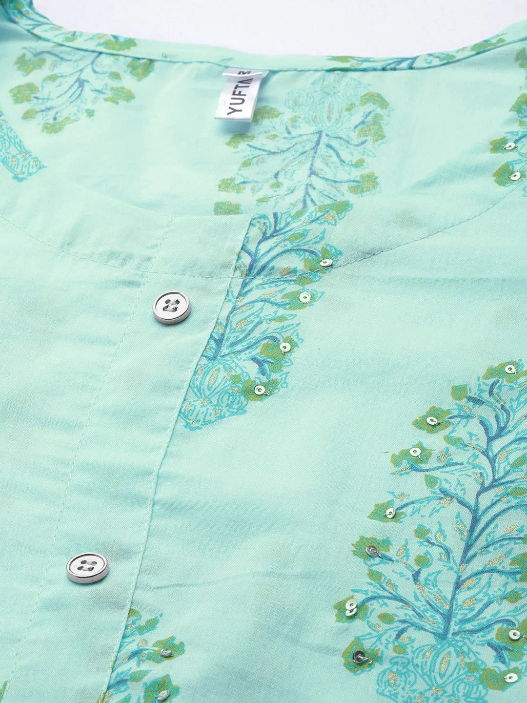 Women Green Printed Cotton Kurta With Pant And Dupatta Set