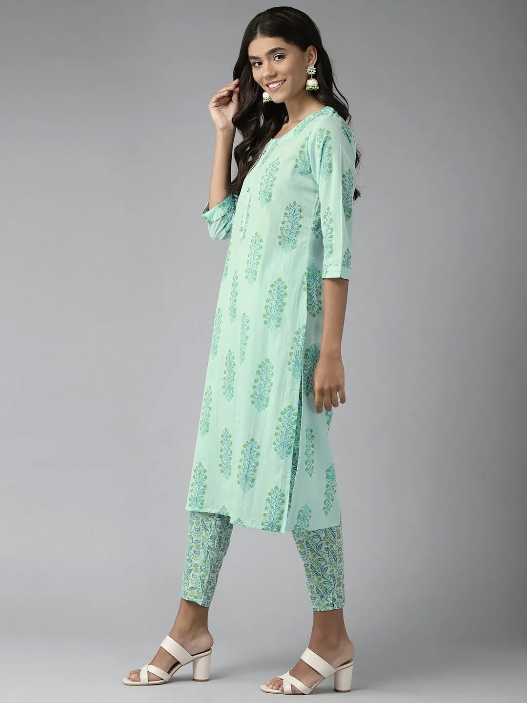 Women Green Printed Cotton Kurta With Pant And Dupatta Set