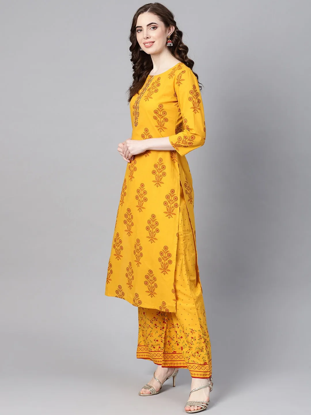 Women Mustard & Orange Printed Kurta Set