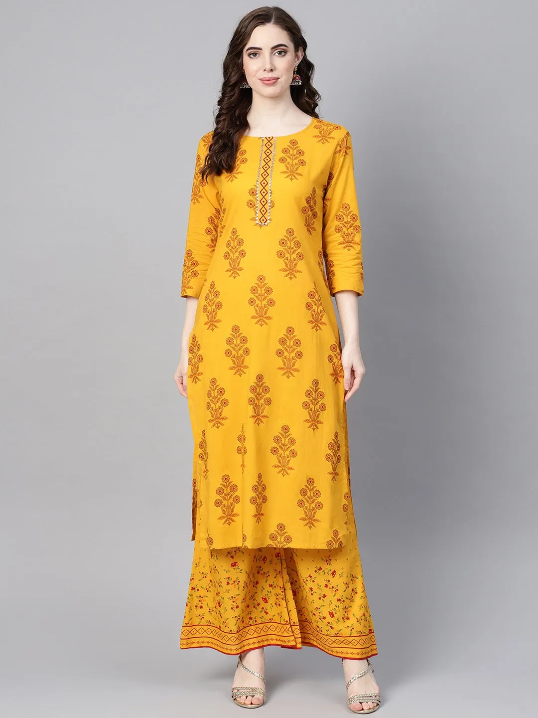 Women Mustard & Orange Printed Kurta Set